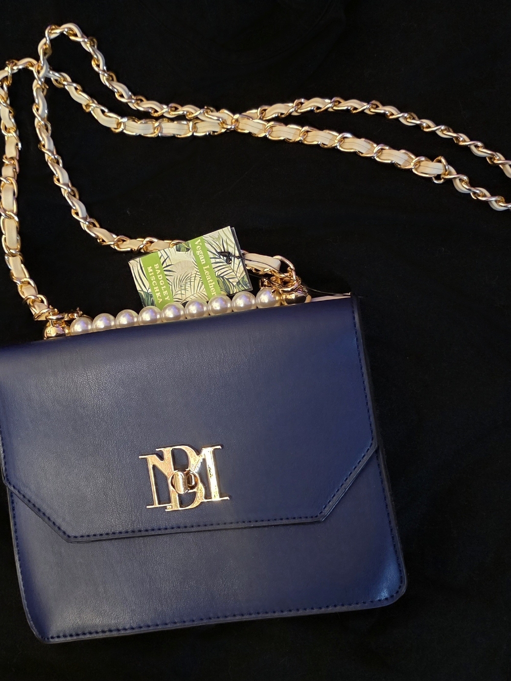 Navy Leather Crossbody Bag with Gold Chain & Pearls